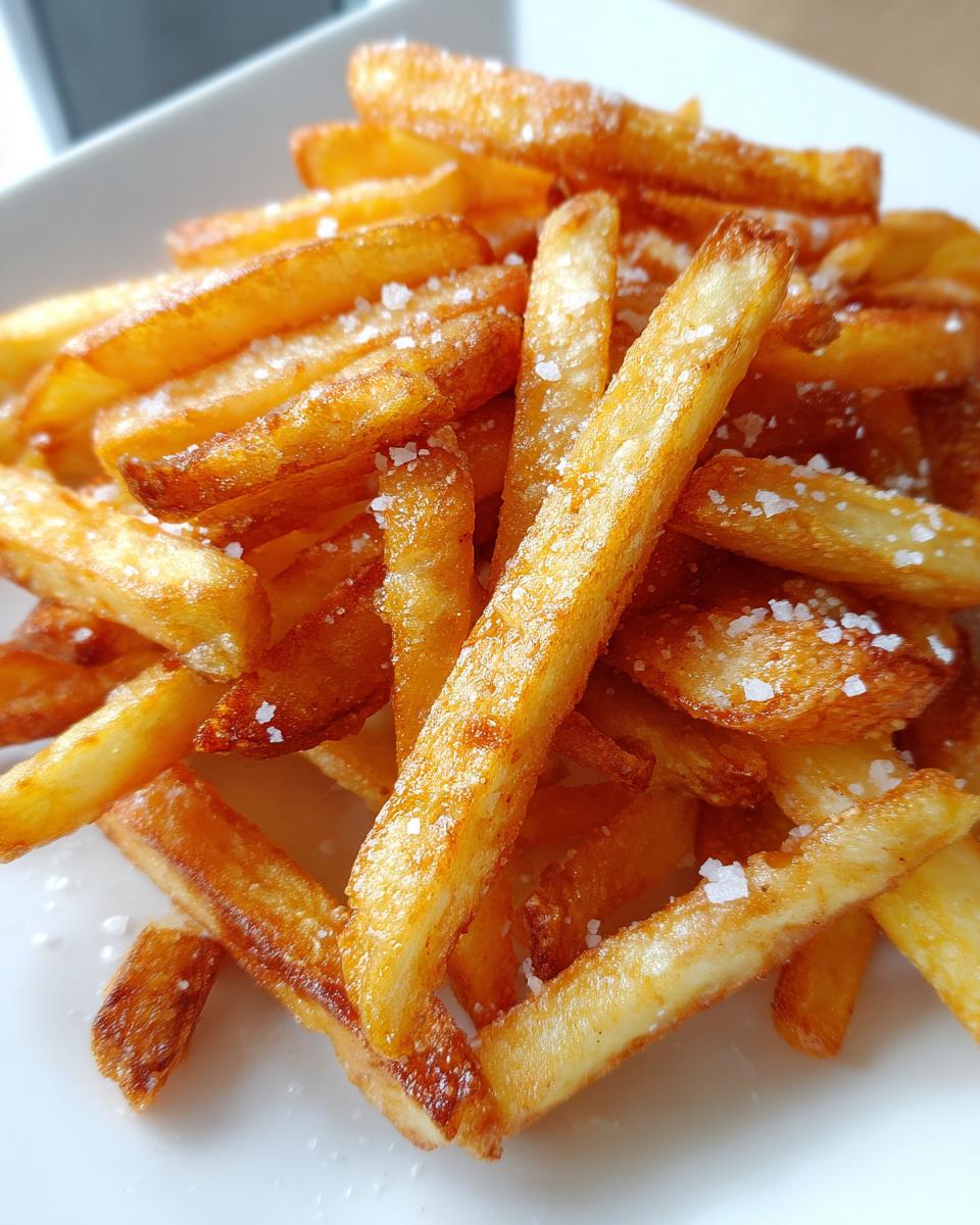 Close-up of golden brown, crispy air fryer french fries sprinkled generously with coarse sea salt.