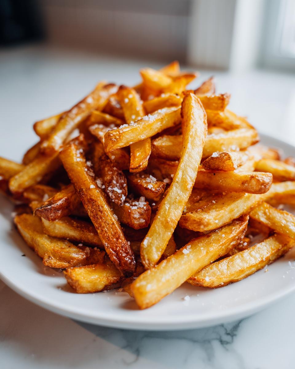 A close-up of a mound of golden, crispy air fryer french fries sprinkled generously with coarse sea salt on a white plate.