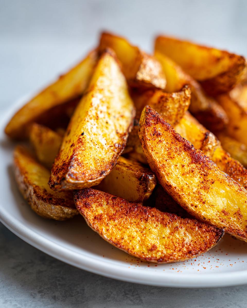 Close-up of golden, crispy air fryer potato wedges heavily seasoned with paprika on a white plate.