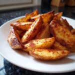 A close-up of perfectly crispy, seasoned air fryer potato wedges piled high on a white plate.