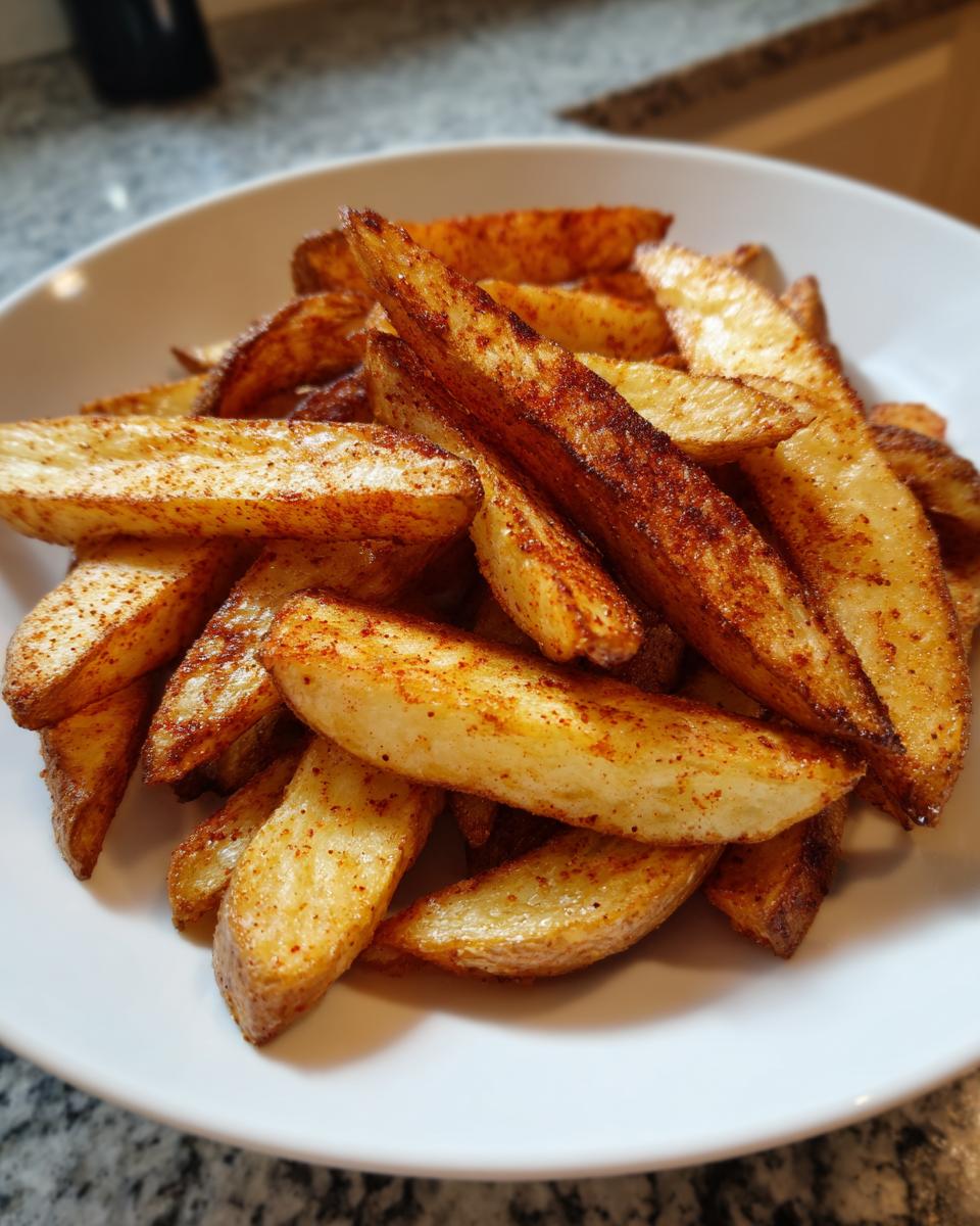 A close-up of golden, seasoned air fryer potato wedges piled high in a white serving bowl.