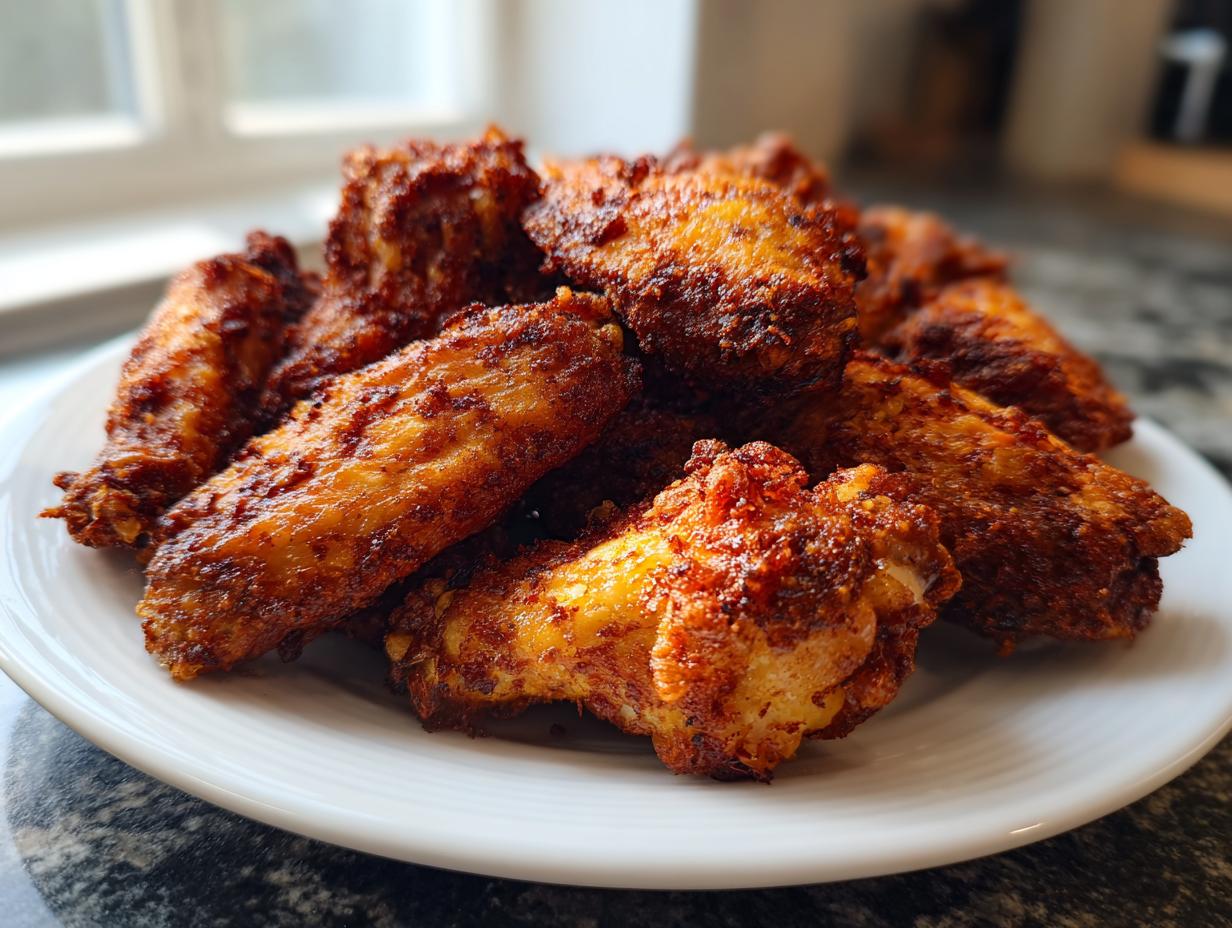 A close-up of a pile of golden-brown, crispy baked chicken wings seasoned with spices, served on a white plate.