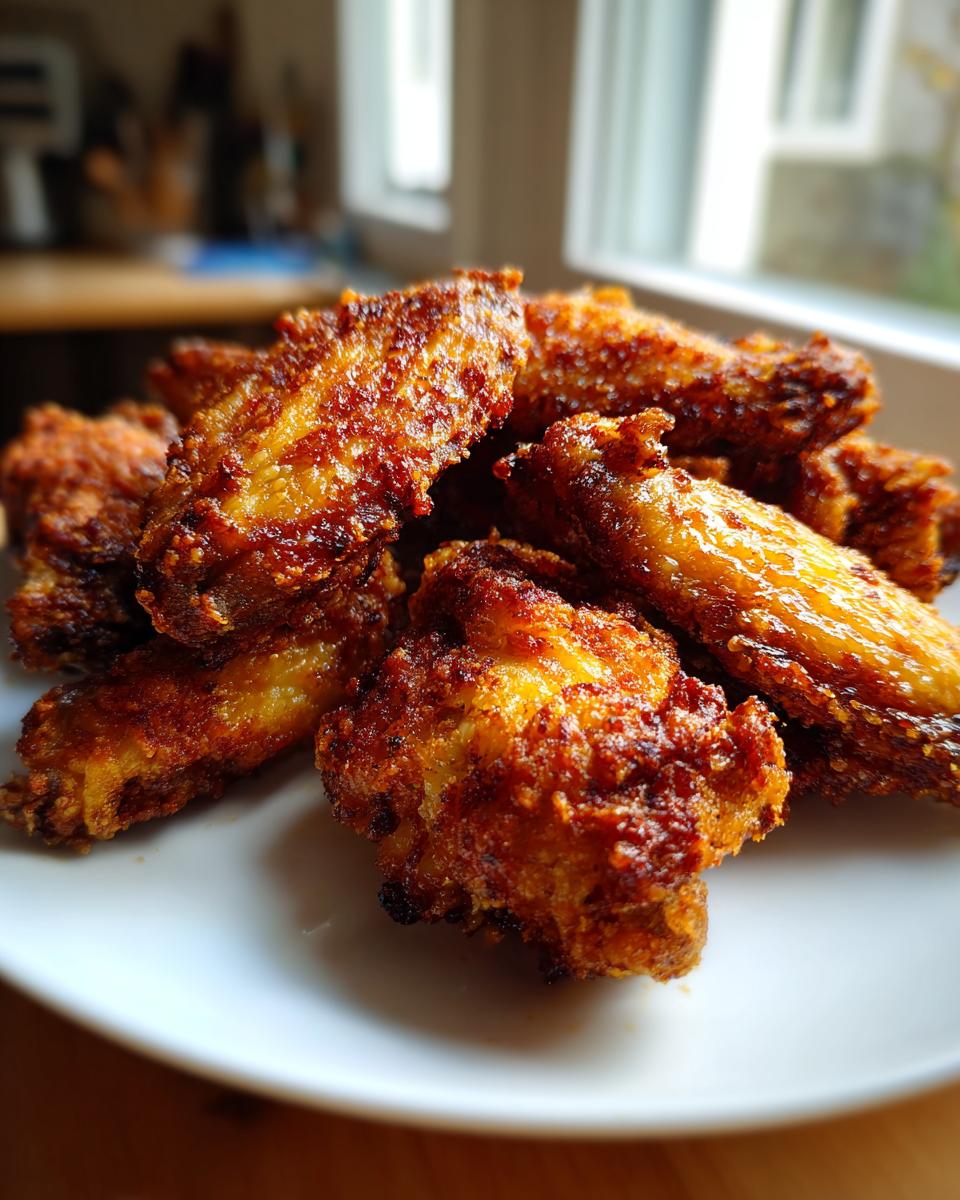 A close-up of golden brown, crispy baked chicken wings piled high on a white plate.