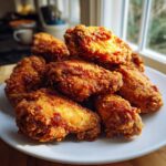 A close-up stack of golden brown, extra crispy baked chicken wings piled high on a white plate.