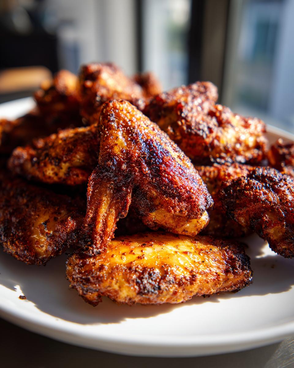 A close-up of a pile of deeply seasoned and crispy baked chicken wings on a white plate.