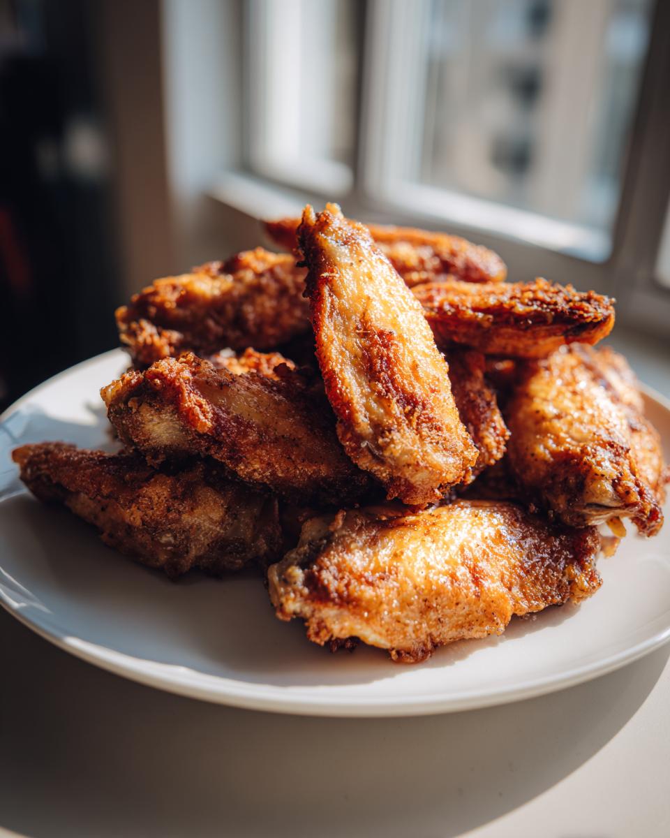 A pile of golden brown, crispy baked chicken wings stacked on a white plate near a window.