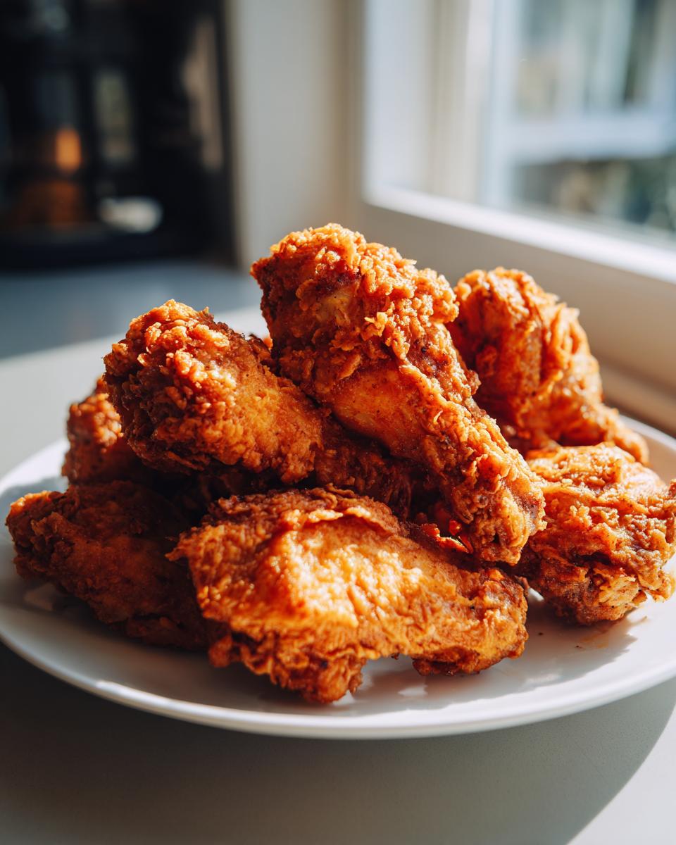 A pile of golden brown, extra crispy baked chicken wings stacked high on a white plate, illuminated by natural light.