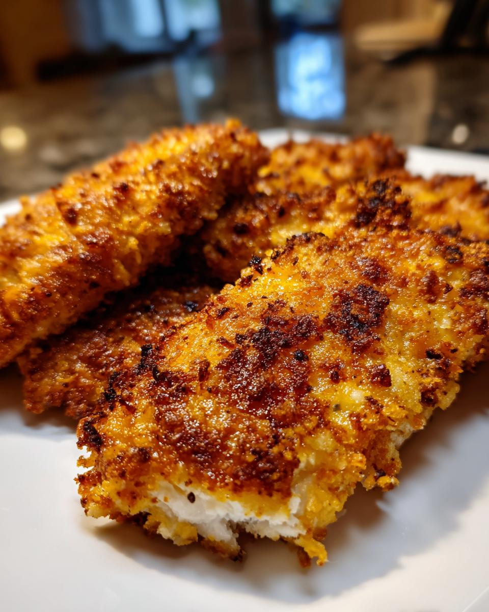 Close-up of golden brown, perfectly cooked crispy cheddar chicken tenders piled on a white plate.