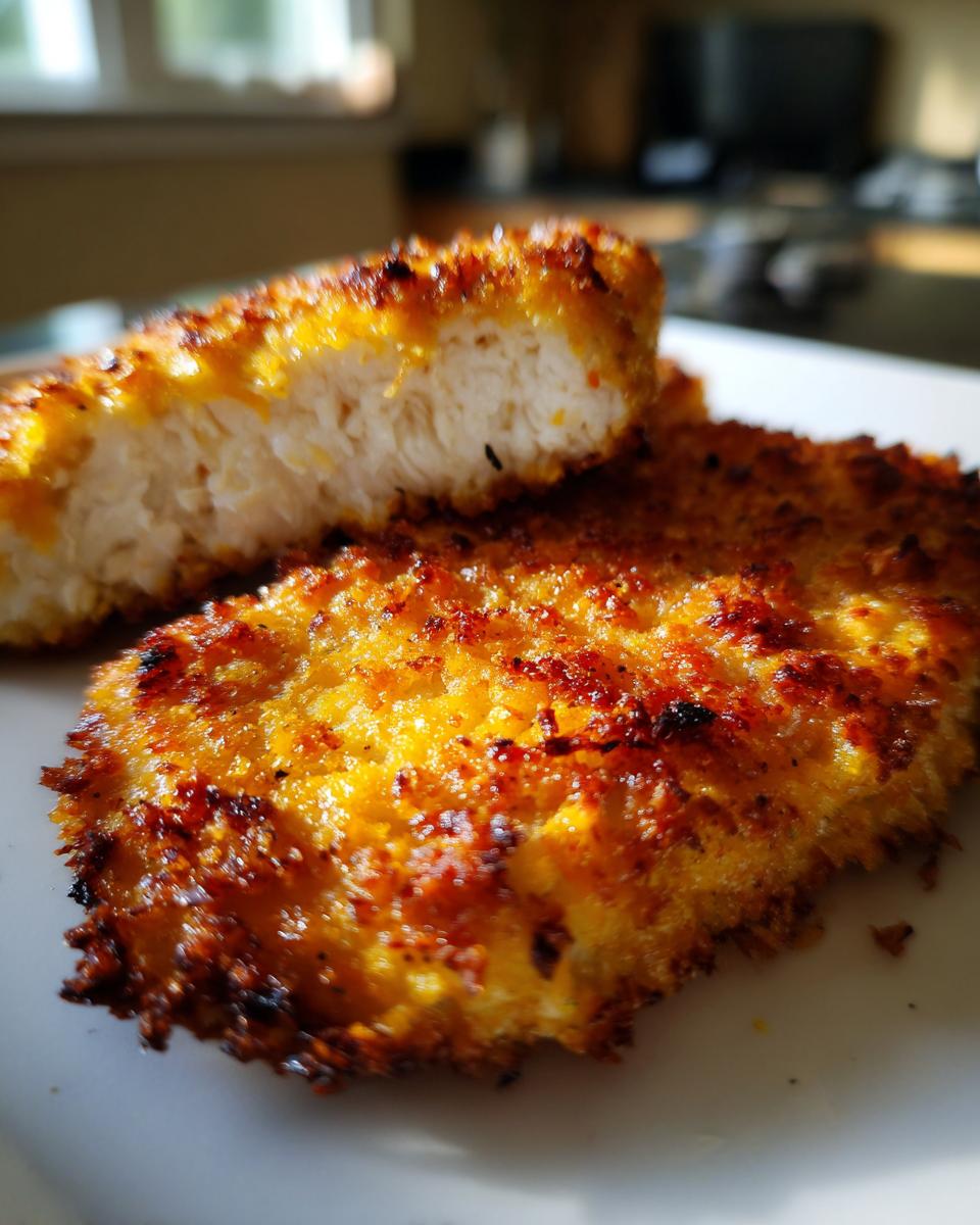 Close-up of two pieces of crispy cheddar chicken on a white plate, showing the golden, crunchy exterior and moist white interior.