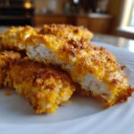 Close-up of crispy cheddar chicken cut in half showing the white meat inside the golden, crunchy coating.