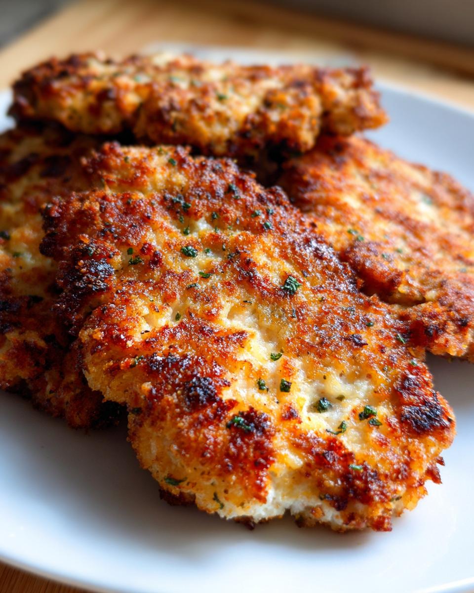 Close-up of several golden-brown, breaded crispy cheddar chicken pieces stacked on a white plate.