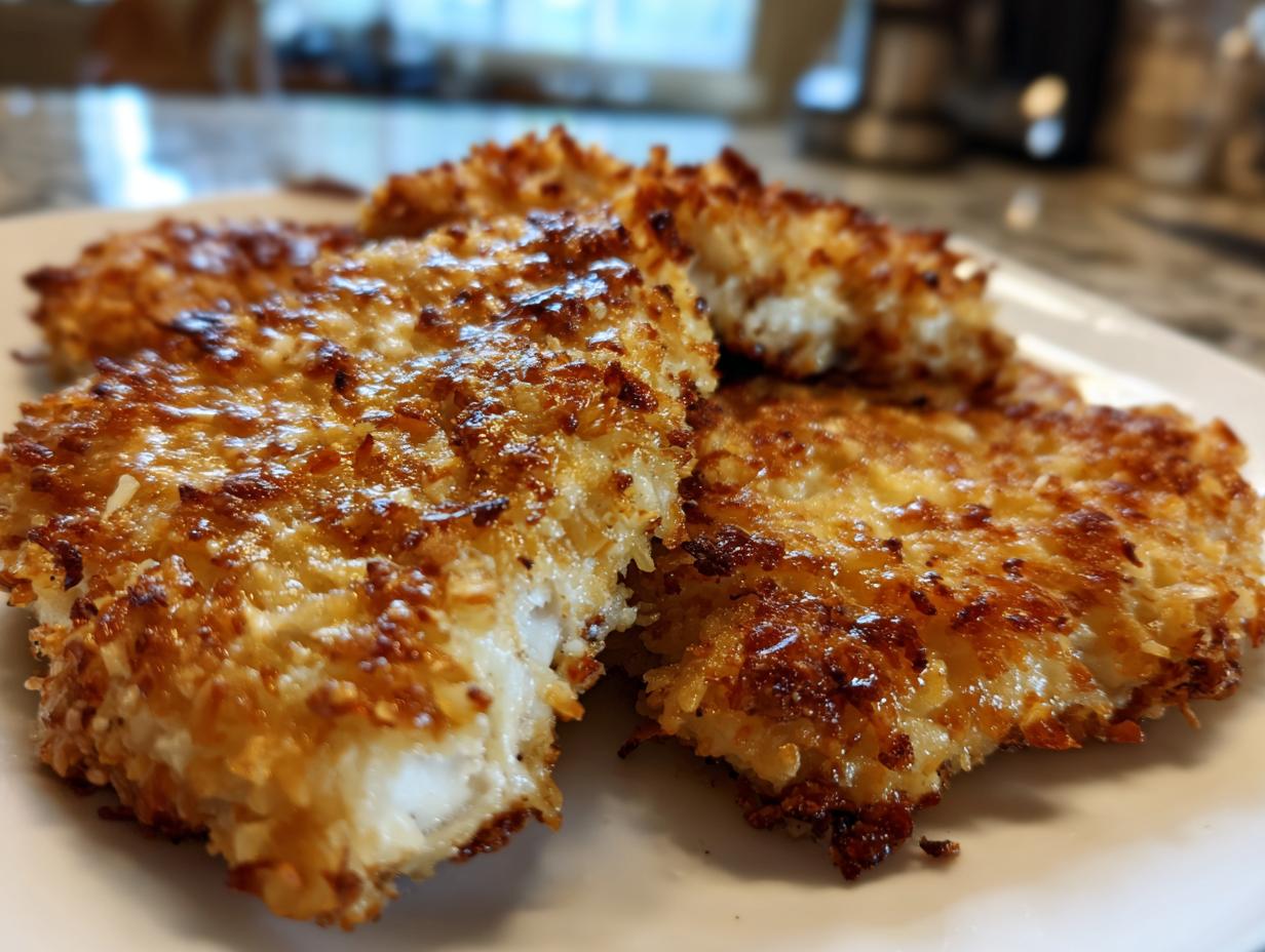 Close-up of several golden brown, crispy cheddar chicken pieces resting on a white plate.