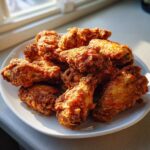 A plate piled high with freshly fried, crispy chicken wings, perfectly golden brown under natural light.