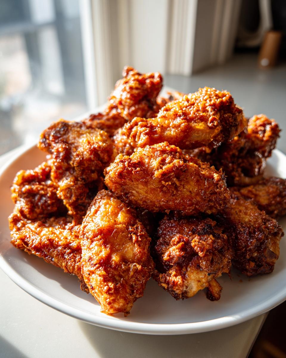 A close-up of a mound of perfectly crispy, golden brown chicken wings piled high on a white plate.