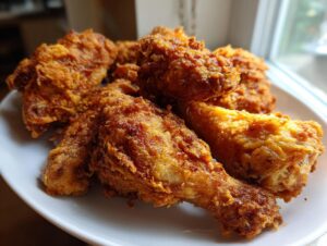A close-up of several pieces of golden brown, crispy fried chicken wings piled on a white plate.