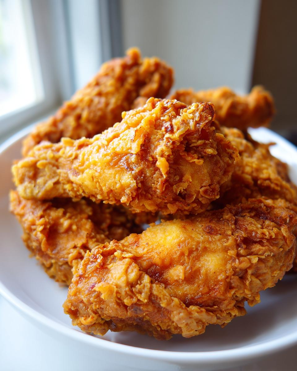 Close-up of several pieces of golden-brown, crispy fried chicken wings piled high on a white dish.