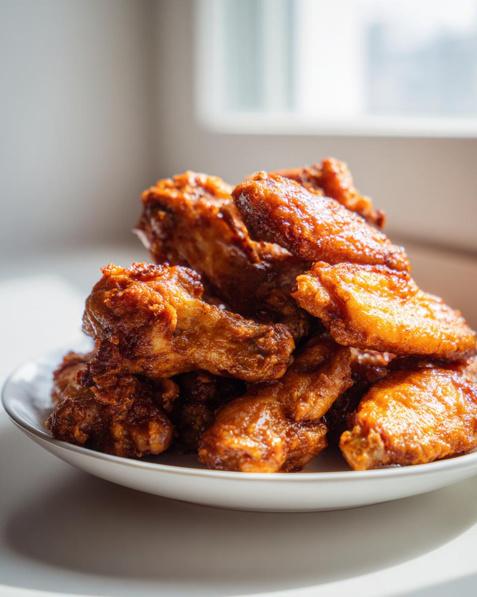 A close-up stack of golden-brown, crispy chicken wings coated in a shiny glaze, sitting on a white plate.