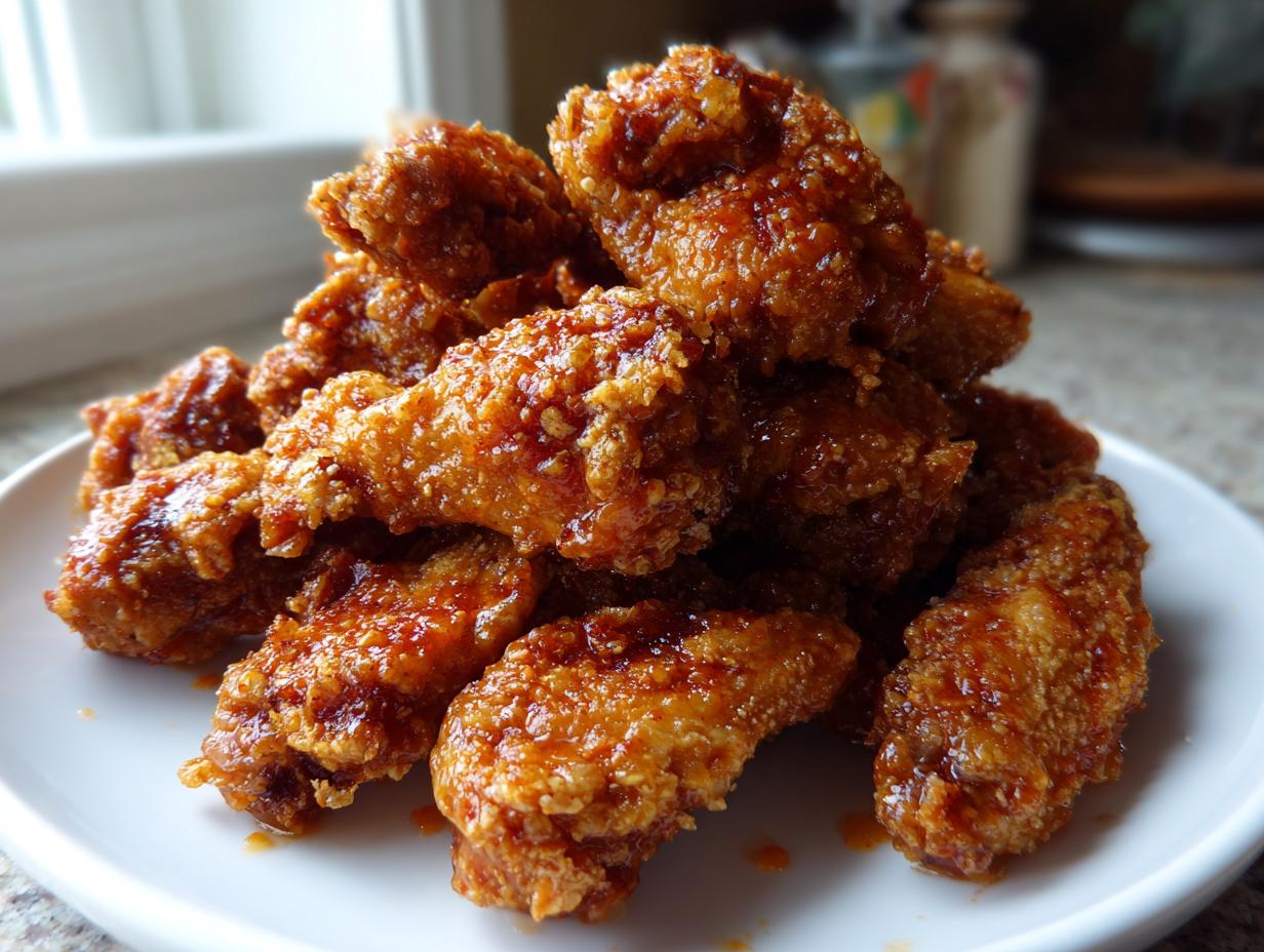 A close-up of a mound of crispy, glazed chicken wings piled high on a white plate.