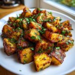 Close-up of crispy, seasoned Mexican potatoes tossed with fresh chopped cilantro on a white plate.