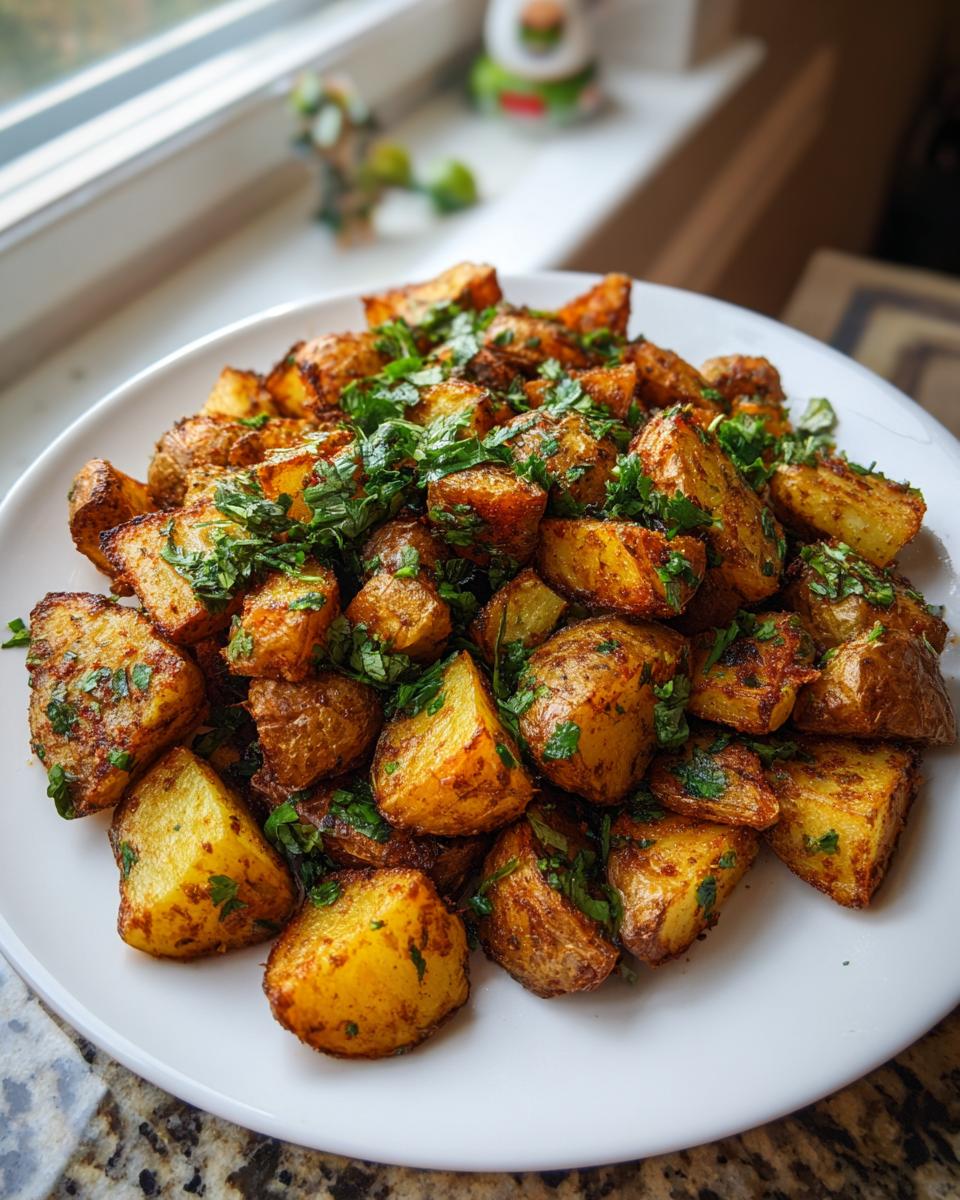 A white plate piled high with crispy, golden-brown roasted mexican potatoes, garnished generously with fresh chopped cilantro.