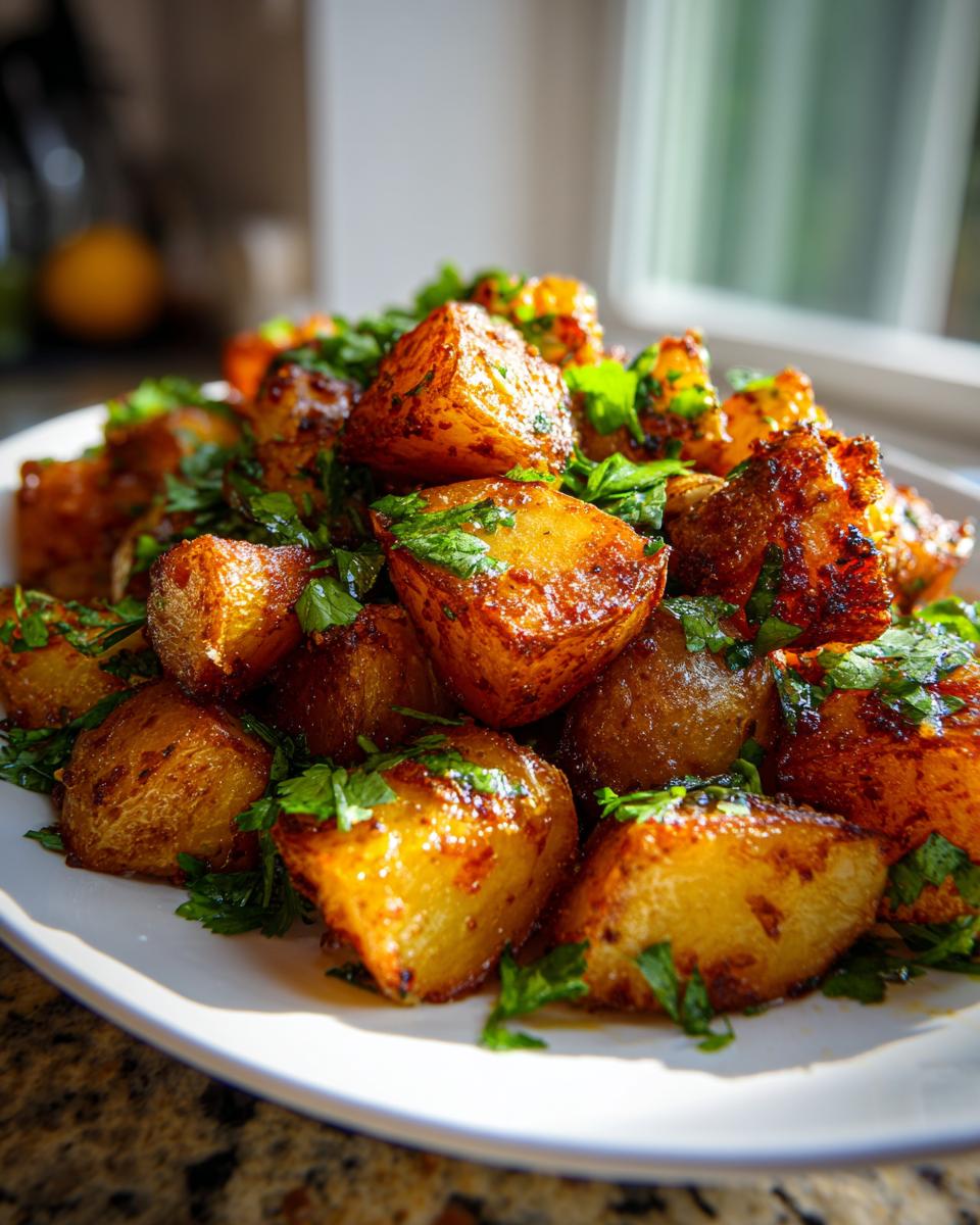 Close-up of crispy, seasoned Mexican potatoes piled high on a white plate, garnished with fresh chopped cilantro.