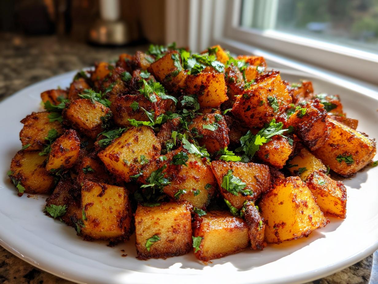 A plate piled high with crispy, seasoned Mexican potatoes, garnished generously with fresh chopped cilantro.