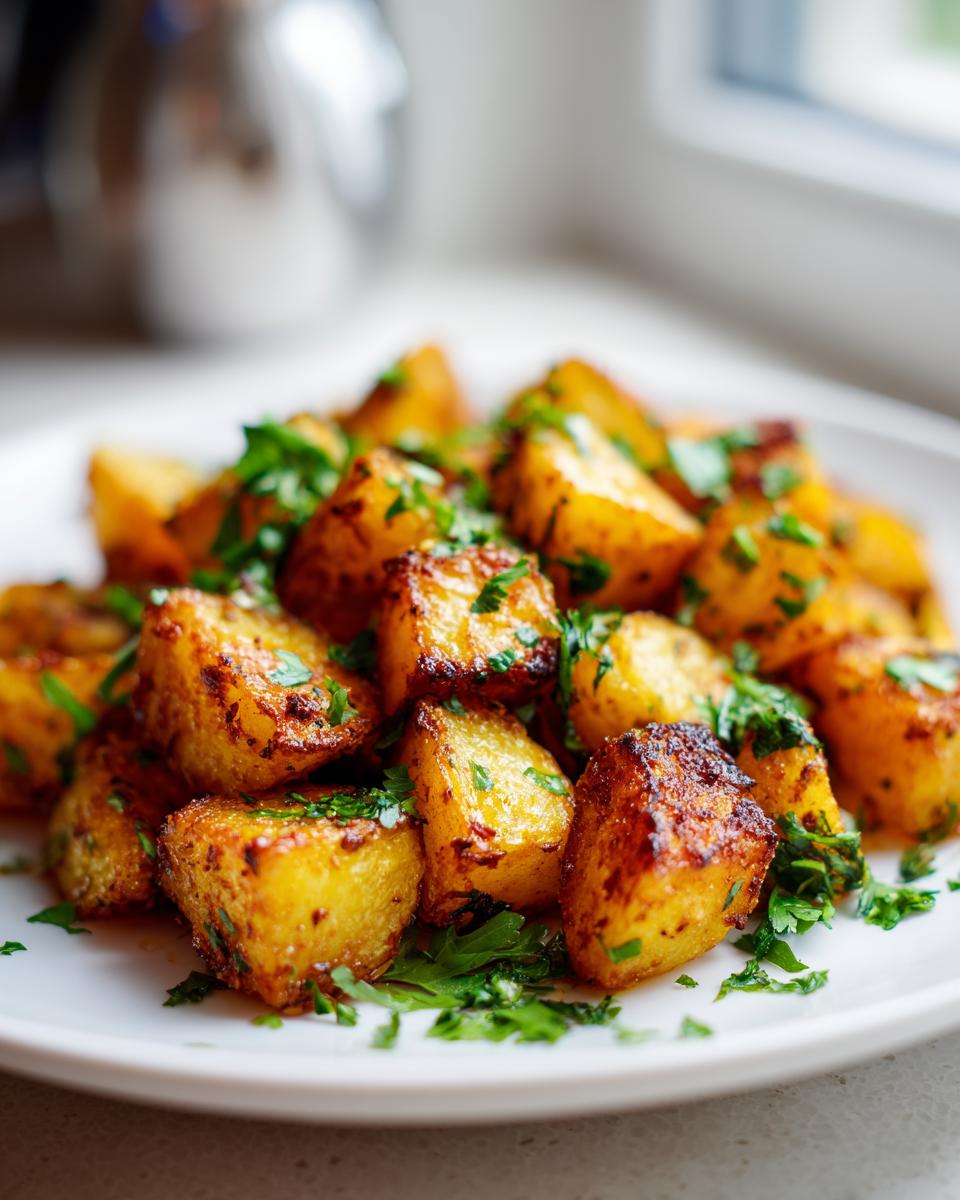 Close-up of perfectly crispy, golden brown Mexican potatoes seasoned and topped with fresh chopped parsley.