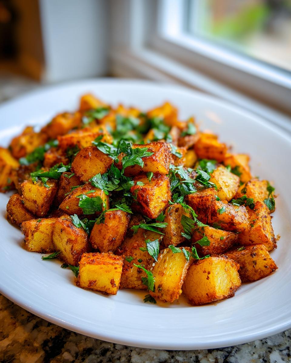 A white plate piled high with crispy, seasoned mexican potatoes, topped with fresh chopped parsley.