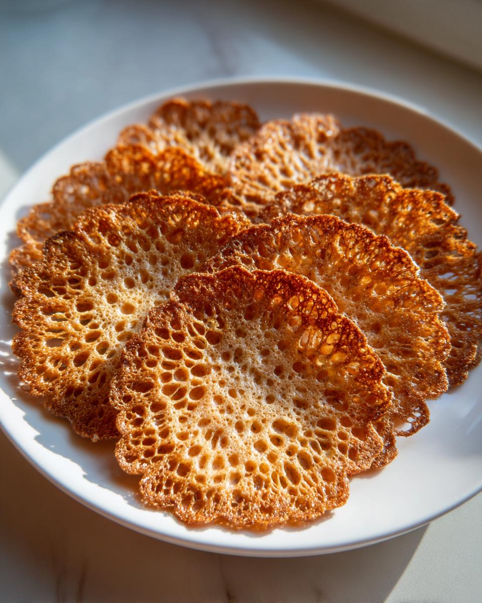 Close-up of several golden brown, lacy oatmeal lace cookies arranged on a white plate.
