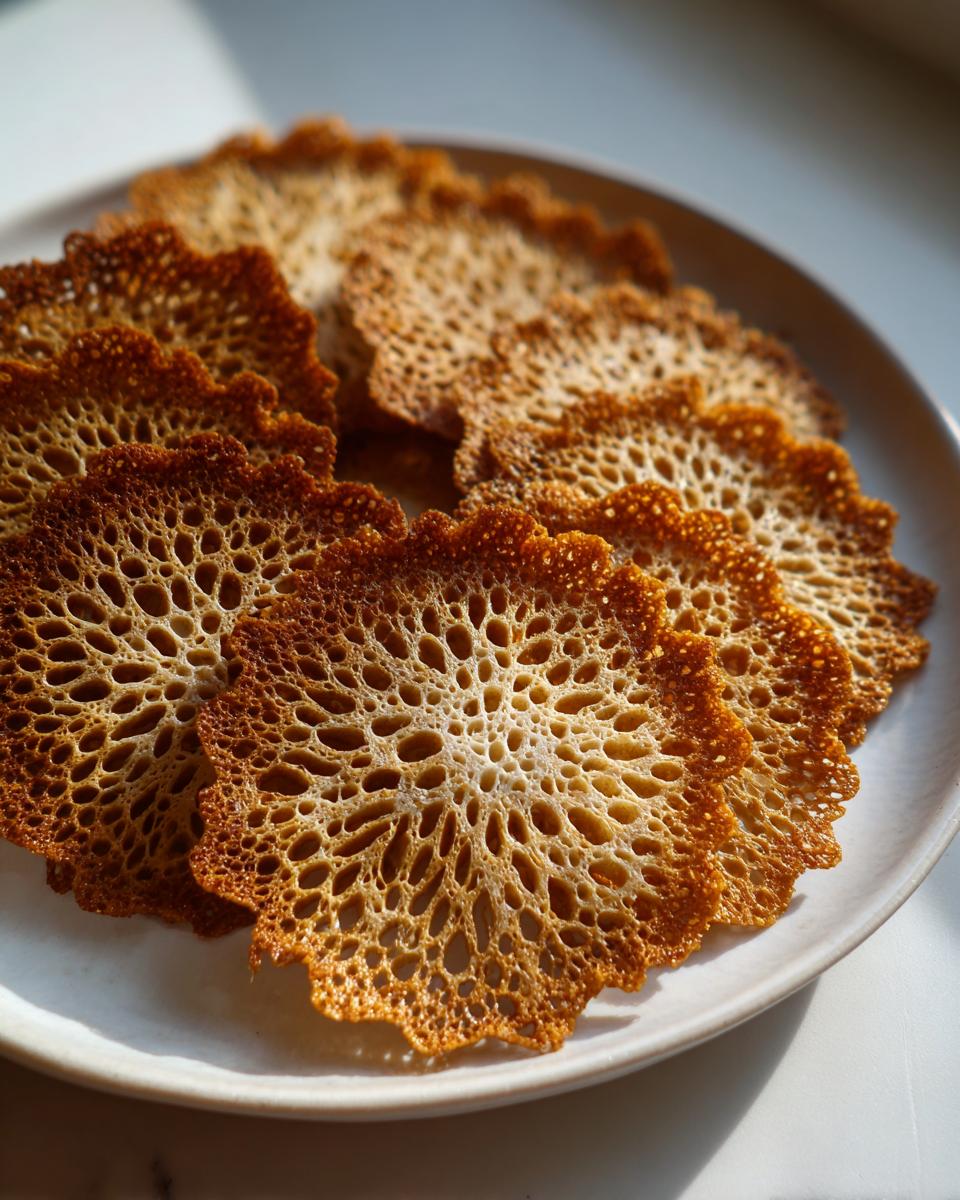 A stack of delicate, lacy oatmeal lace cookies with browned, intricate patterns on a light-colored plate.