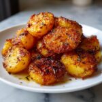 A close-up of perfectly crispy, golden-brown oven roasted potatoes seasoned with rosemary.