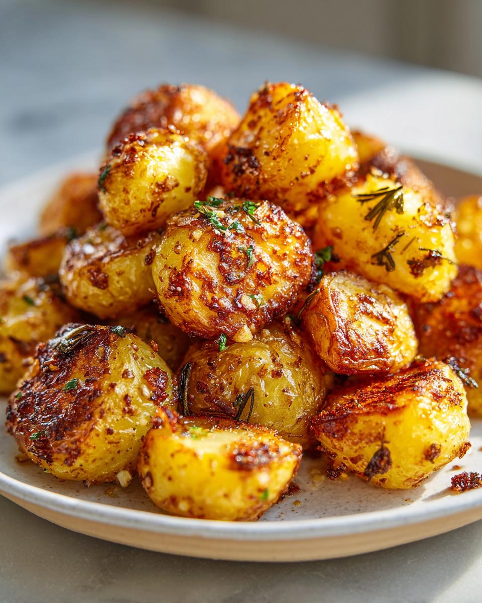A mound of golden brown, crispy oven roasted potatoes seasoned with herbs and garlic on a light plate.