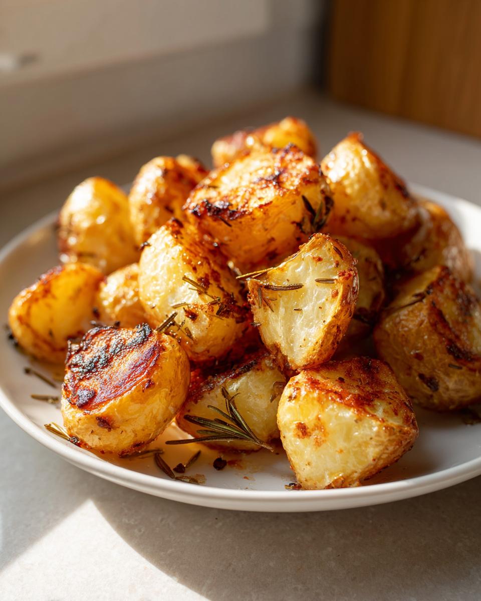 A pile of golden brown, crispy oven roasted potatoes seasoned with rosemary on a white plate.