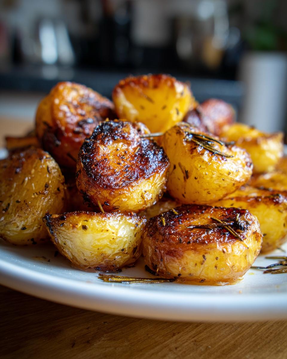 Close-up of golden brown, crispy oven roasted potatoes seasoned with rosemary on a white plate.