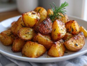 A close-up of golden, crispy oven roasted potatoes seasoned with rosemary on a white plate.