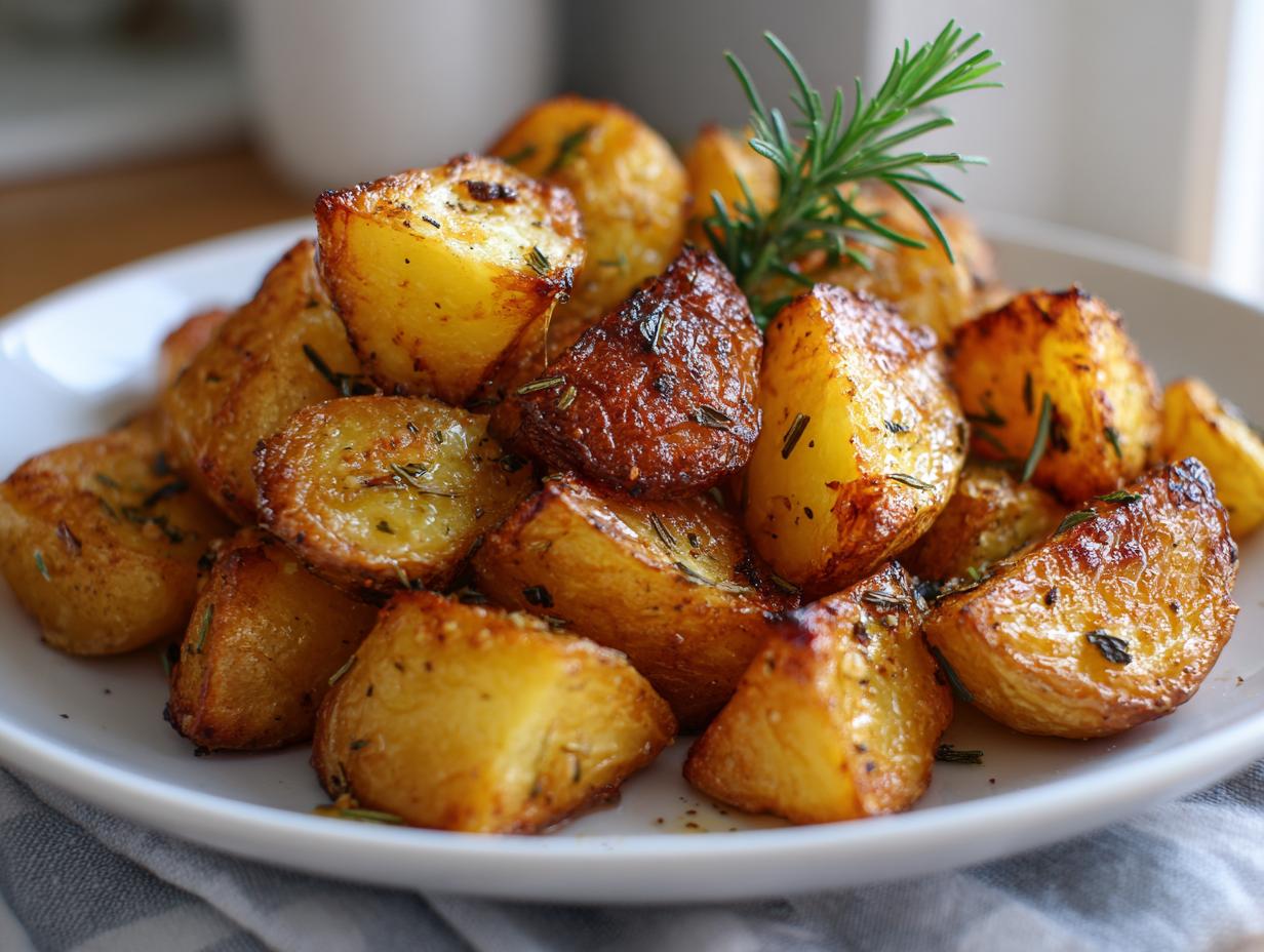 A close-up of golden, crispy oven roasted potatoes seasoned with rosemary on a white plate.