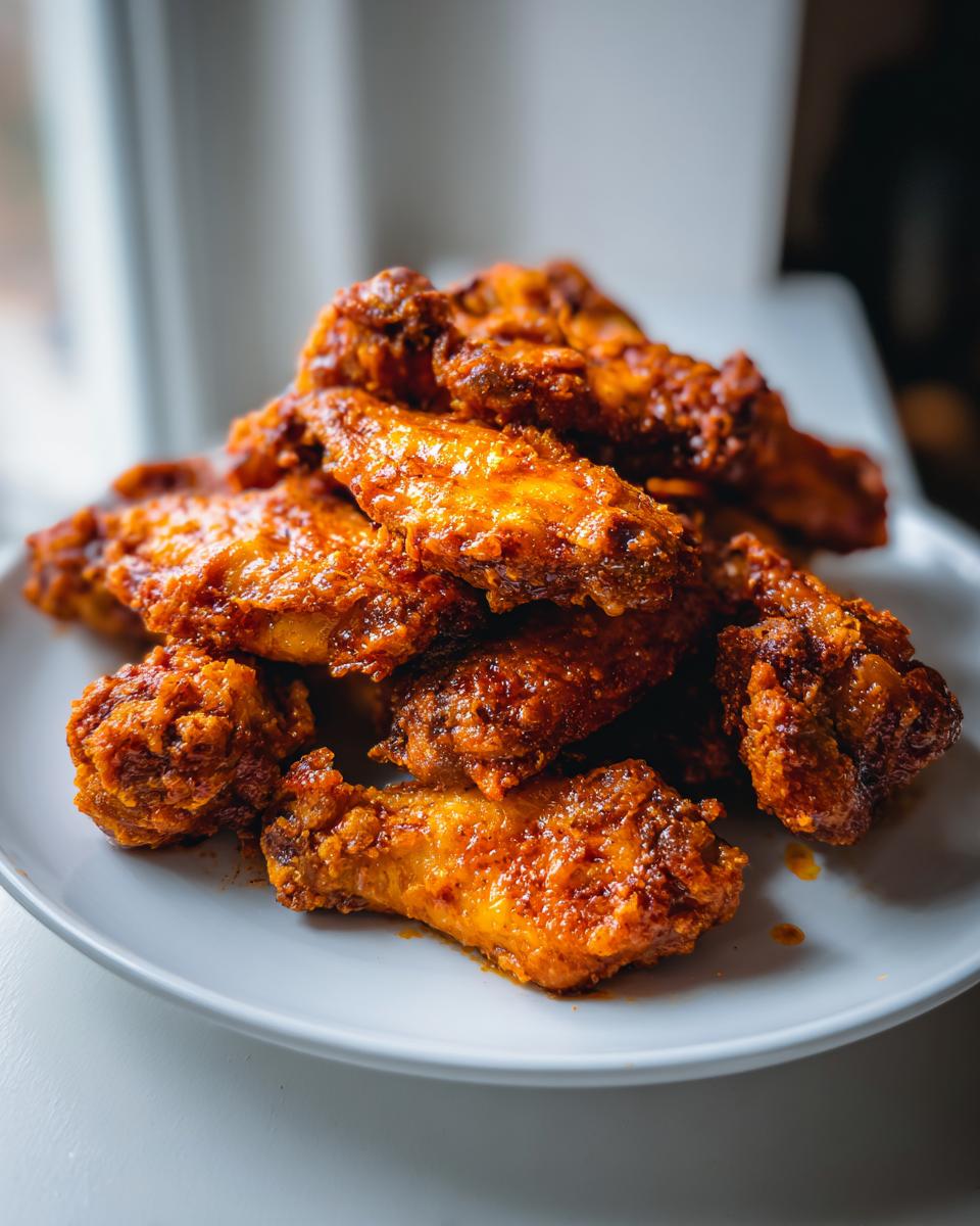 A close-up stack of perfectly crispy, saucy, orange-red chicken wings piled high on a white plate.