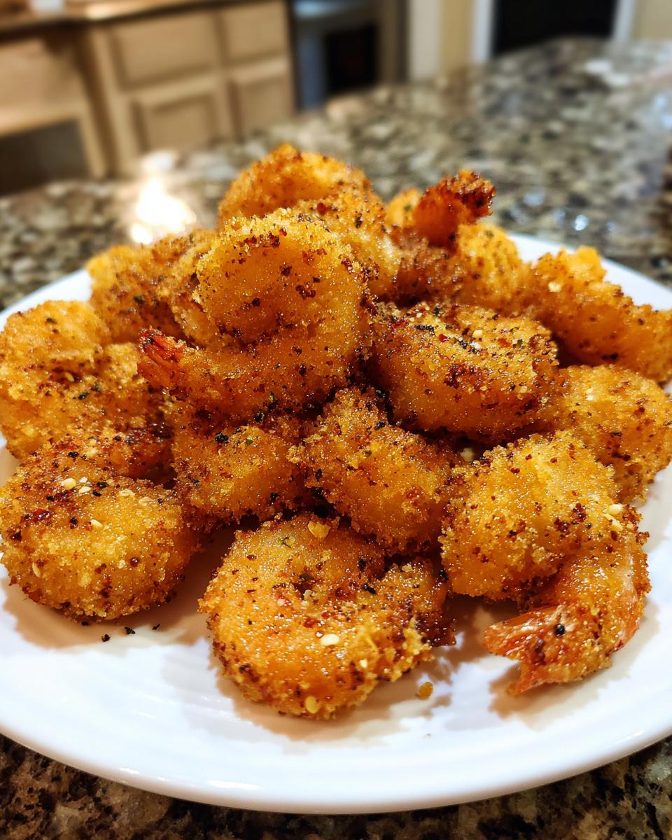 A close-up of a mound of golden brown, crispy fried shrimp seasoned with visible spices on a white plate.