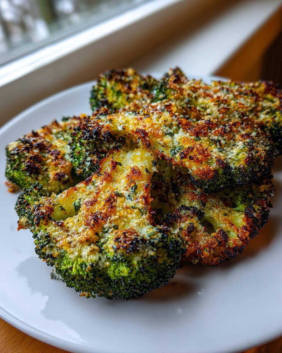 Close-up of crispy, oven-roasted smashed broccoli florets with a golden, cheesy crust.