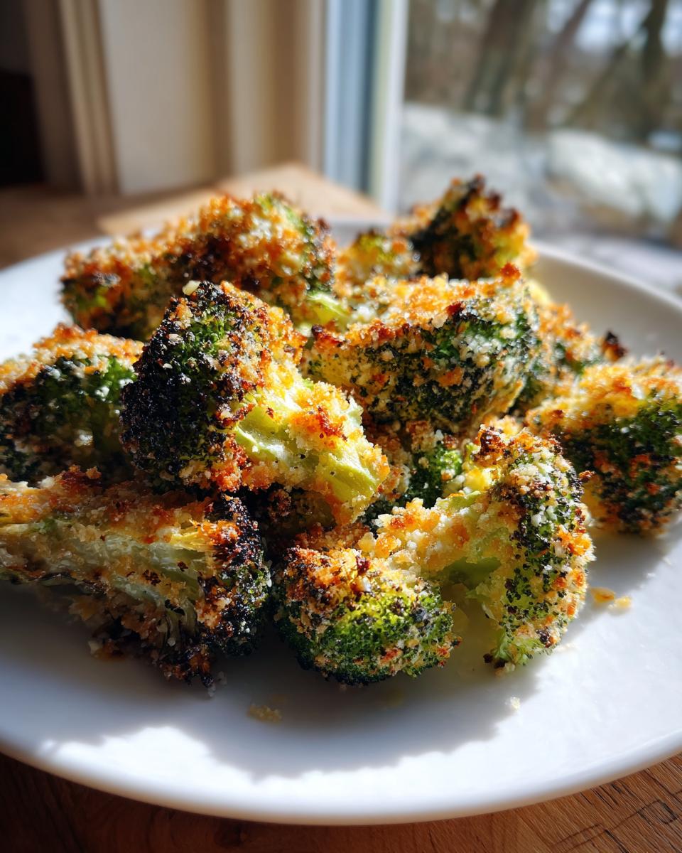 Close-up of crispy, oven-roasted smashed broccoli florets coated in golden breadcrumbs on a white plate.