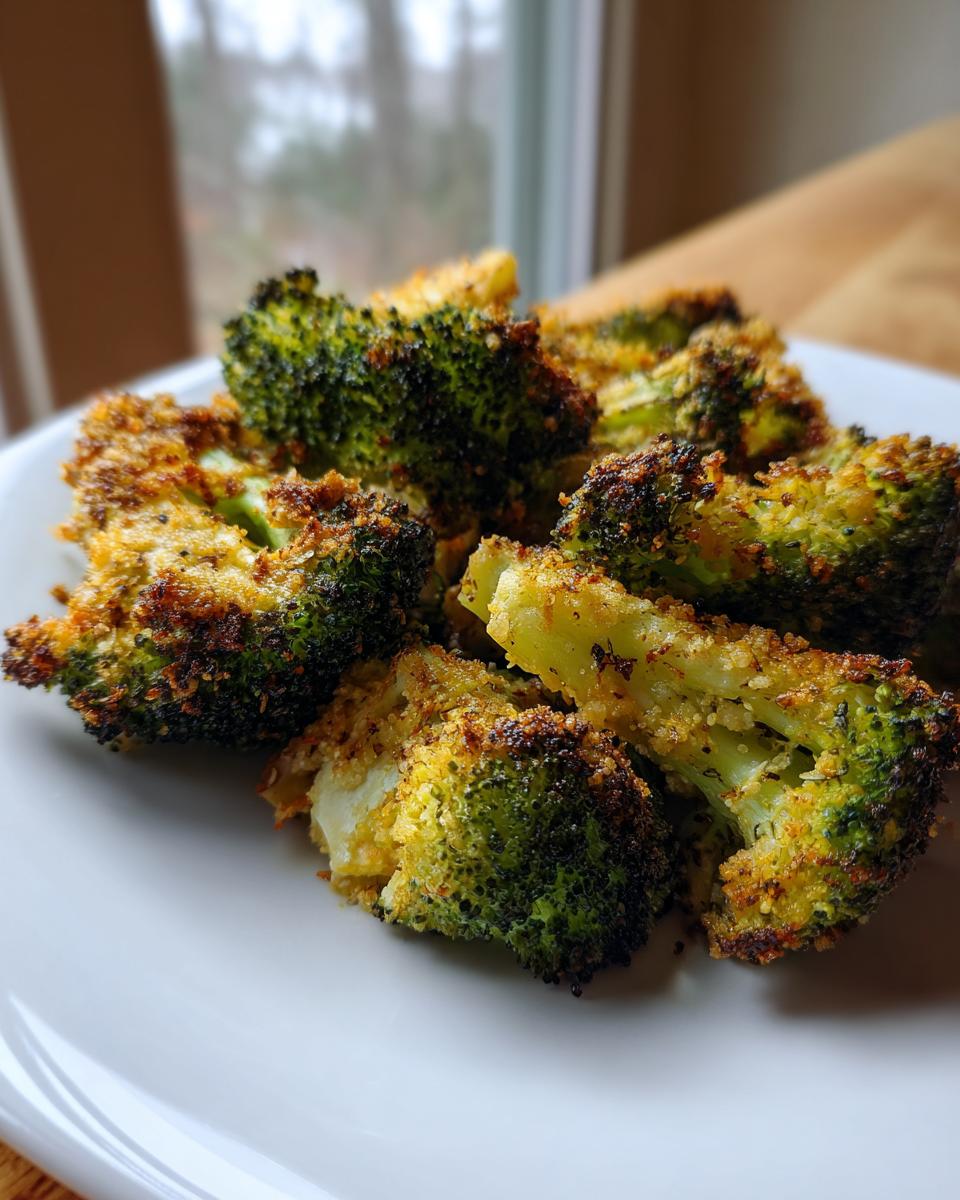 Close-up of perfectly roasted, crispy smashed broccoli florets seasoned and served on a white plate.
