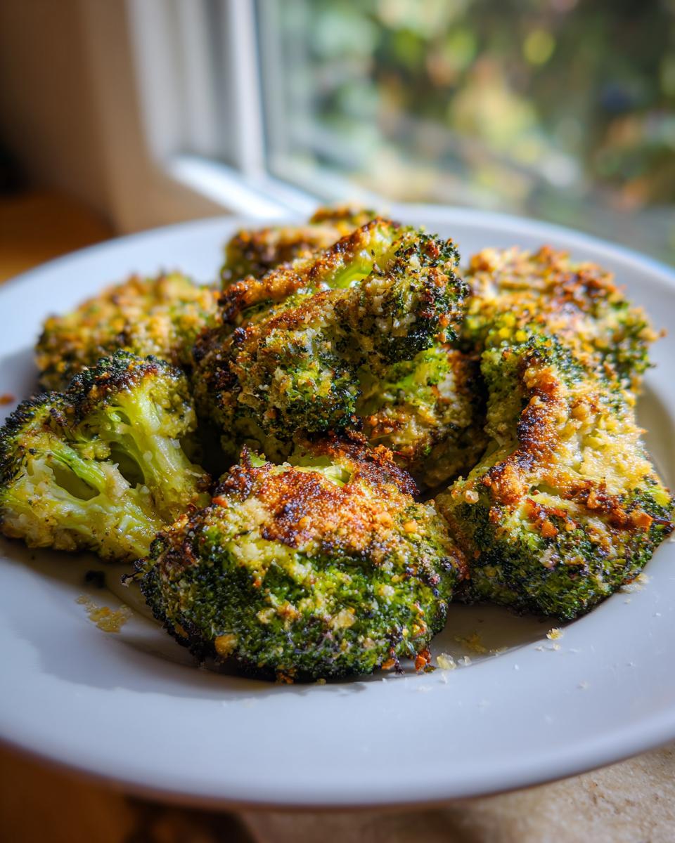 Close-up of crispy, oven-roasted smashed broccoli florets with a golden-brown, cheesy crust.