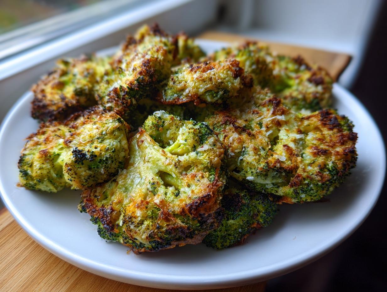 A plate piled high with crispy, baked smashed broccoli florets topped with melted cheese and seasoning.