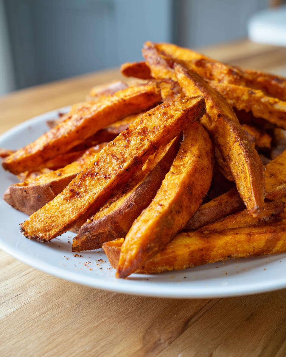 A close-up of a pile of crispy, seasoned sweet potato fries served on a white plate.