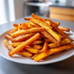 A close-up of a large pile of perfectly seasoned and crispy sweet potato fries served on a white plate.