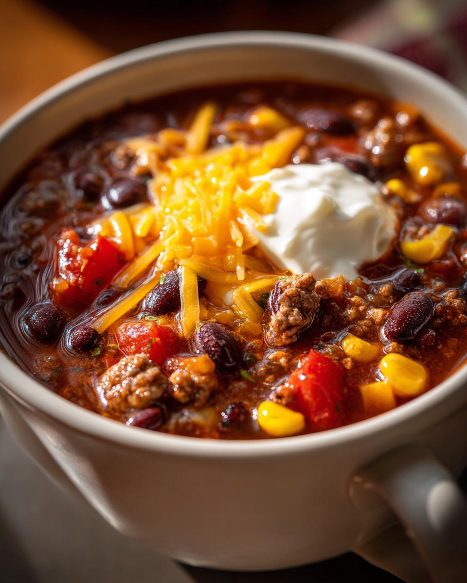 Close-up of a bowl of rich crockpot cowboy soup topped with shredded cheddar cheese and a dollop of sour cream.