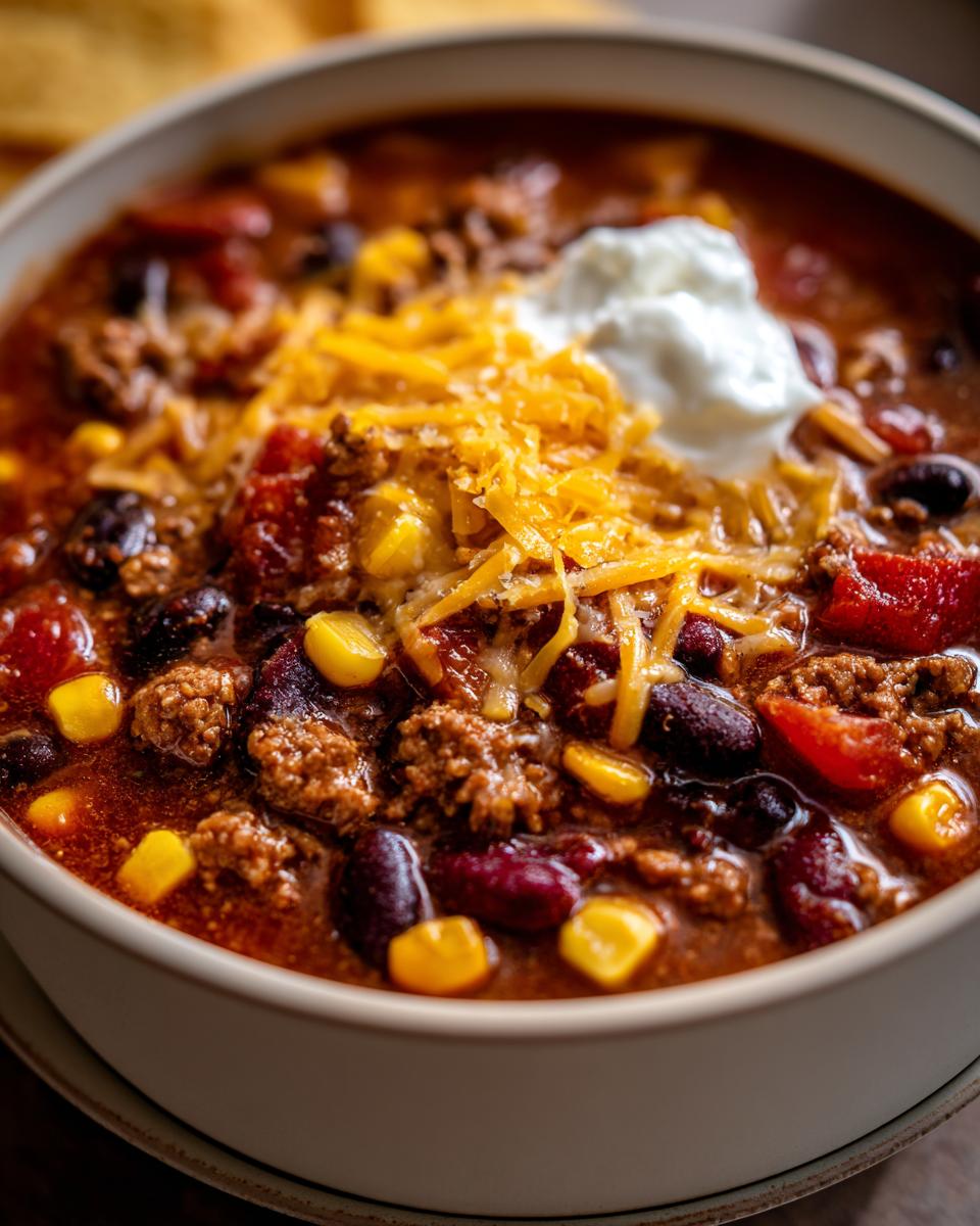 A close-up of a hearty bowl of crockpot cowboy soup topped with shredded cheese and sour cream.