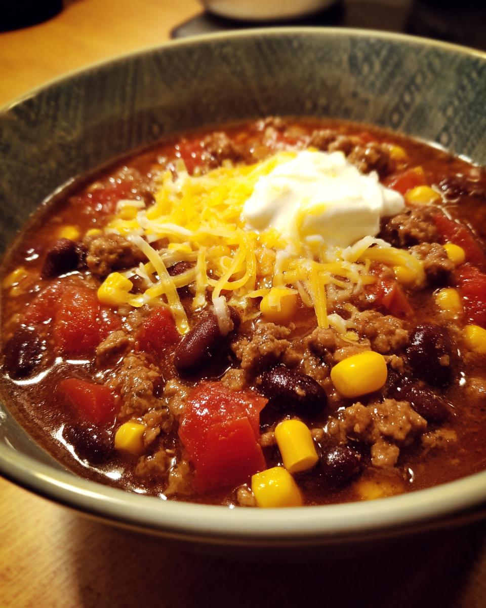 A close-up of a hearty bowl of crockpot cowboy soup featuring ground beef, kidney beans, corn, tomatoes, topped with shredded cheddar and sour cream.