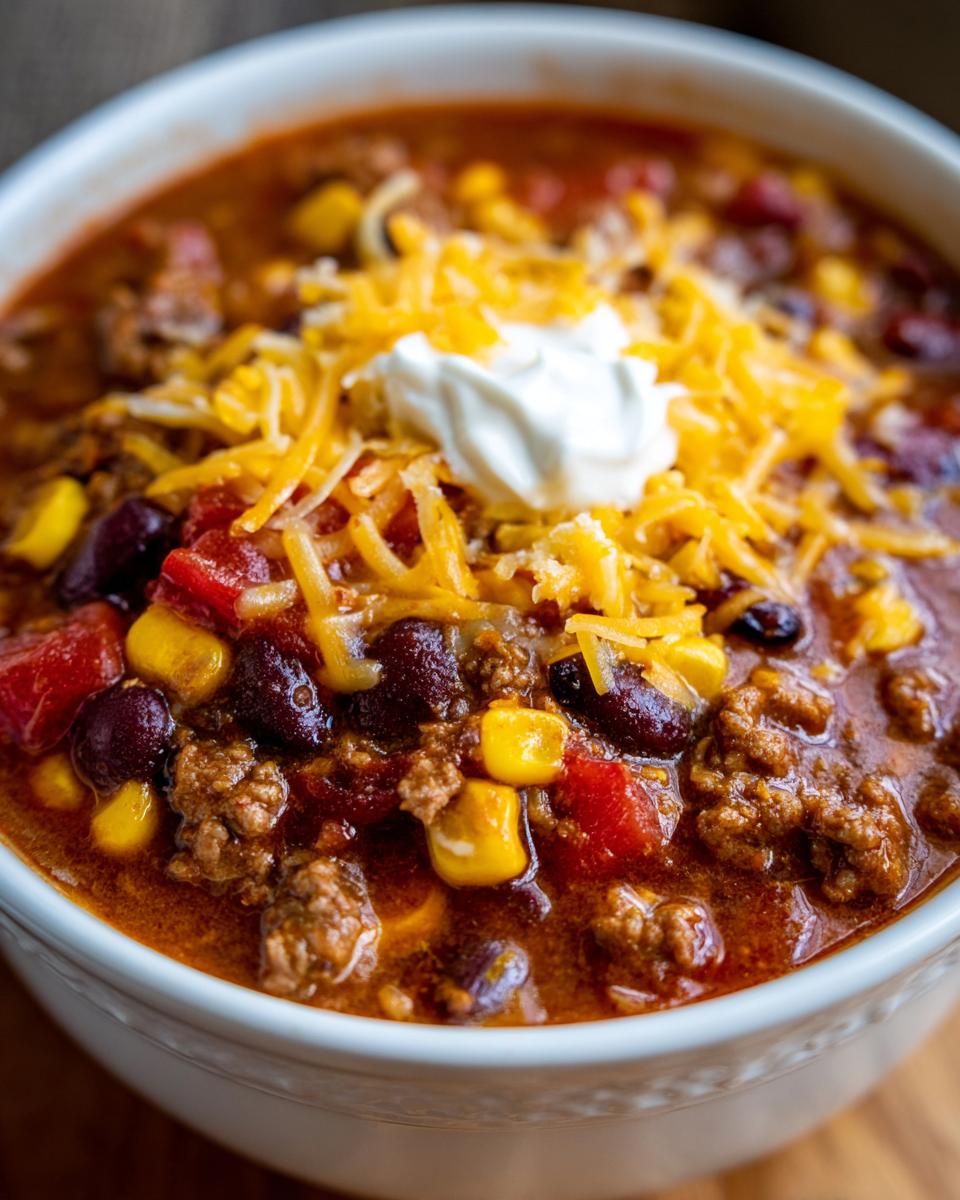 Close-up of a hearty bowl of crockpot cowboy soup topped with shredded cheddar cheese and a dollop of sour cream.