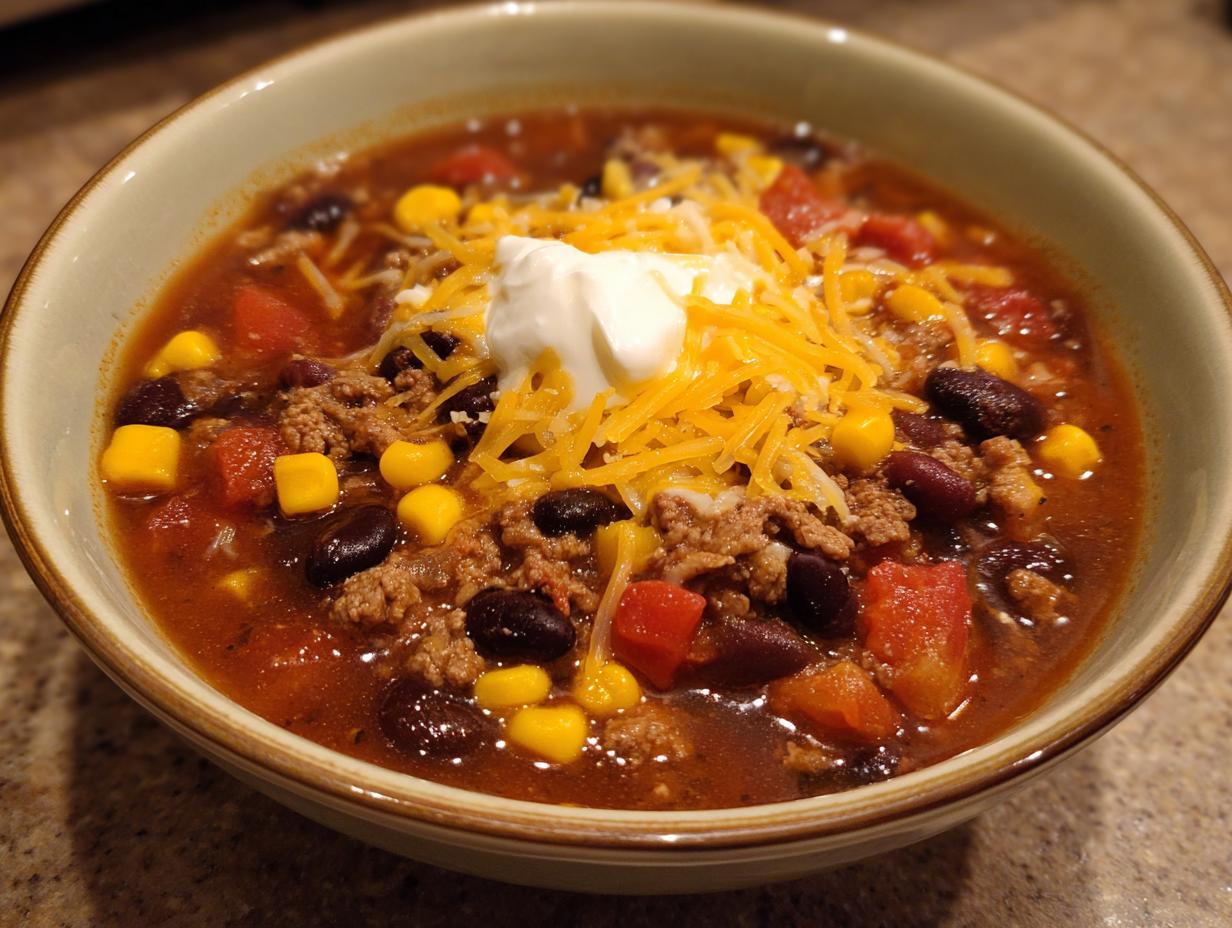 A close-up of a hearty bowl of crockpot cowboy soup, filled with ground beef, beans, corn, and topped with shredded cheese and sour cream.